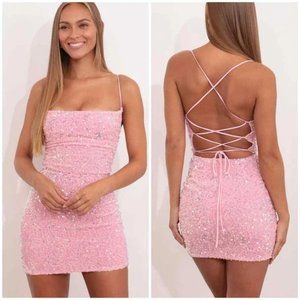 Lucy In the Sky Ivy Cowl Sequin Dress in Pink | Barbie Pink Sequin Mini Dress